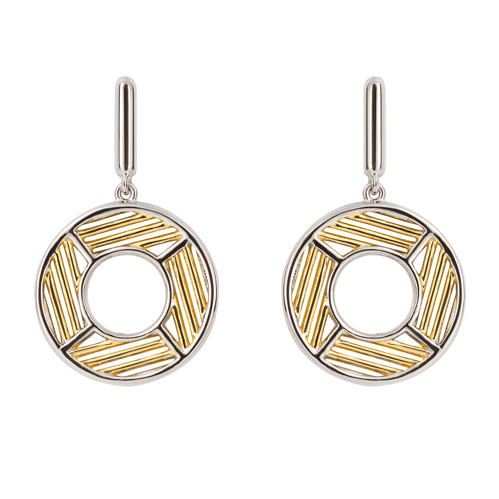 Geo Cage Design Open Circle Drop Earrings with Yellow Gold Plating (E6222)