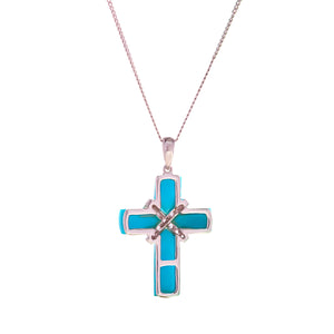 18ct White Gold Turquoise Diamond Cross Pendant